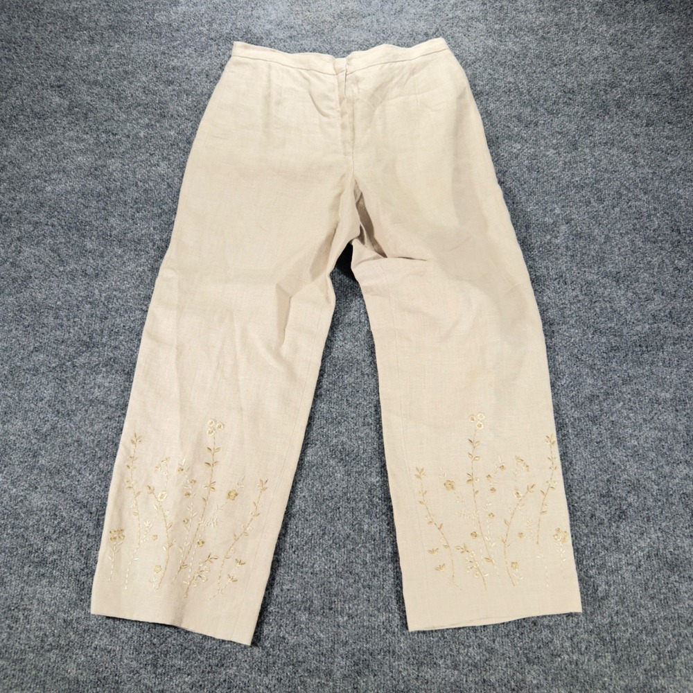 Rafaella Petites Linen Pants 8P Beige Floral Embroidered Straight Leg Womens Tan